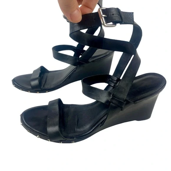 Marc Fisher Black Leather Madaya Studded Wedge Ankle Wrap Sandals Size 8.5 - Picture 2 of 10
